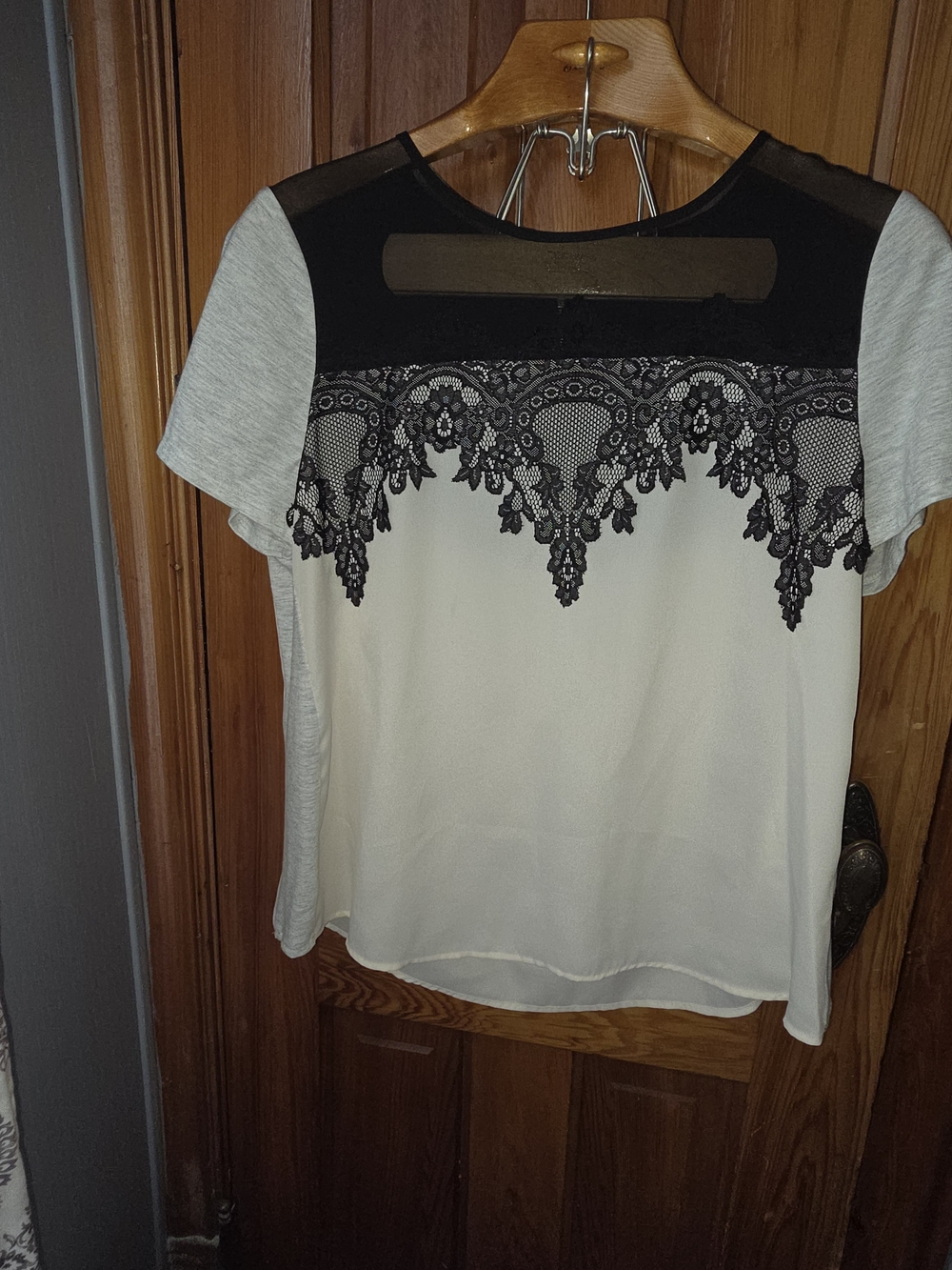 Apt. 9 Lace Yoke Short Sleeve Top - Black, Cream, Gray